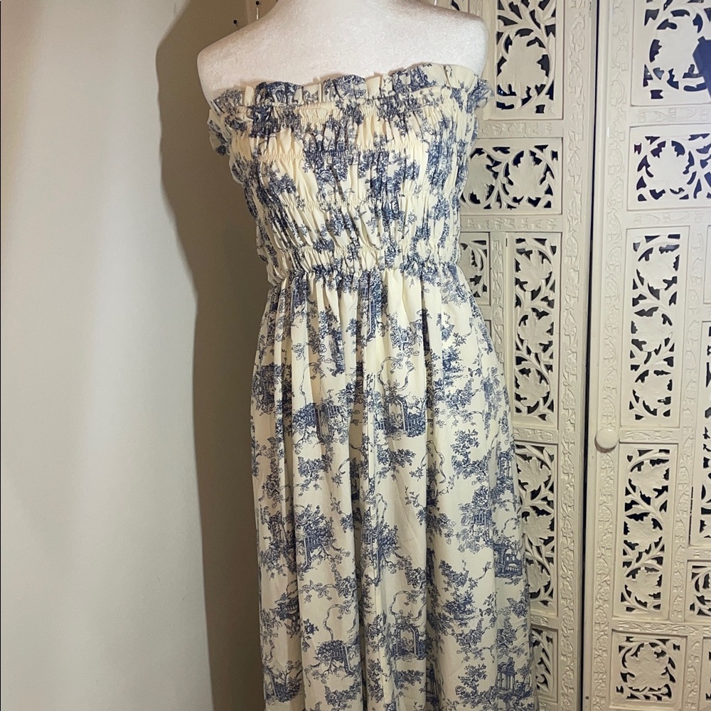 Strapless Blue Floral Midi Dress